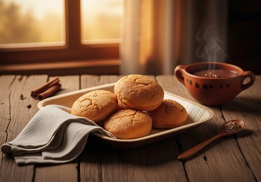 A warm plate of colombian bu&ntilde;uelos served with hot chocolate and cinnamon sticks on a rustic wooden table by the window during a peaceful morning breakfast