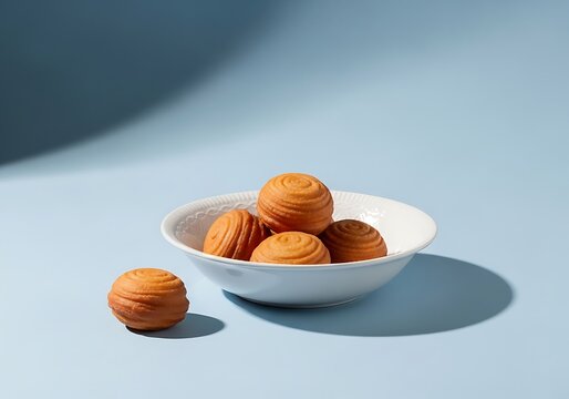 A ceramic bowl filled with freshly fried Colombian bu&ntilde;uelos sitting on a light blue surface with a single piece resting outside for a food photography shot