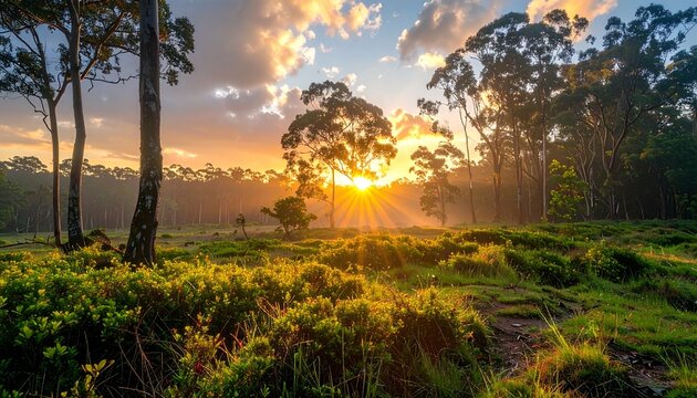 Golden Sunrise Over Serene Forest Landscape with Vibrant Meadow Grass and Tall Eucalyptus Trees in the Morning Light