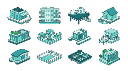 Isometric Architecture Collection: Modern Buildings, Houses, and Pools © Yunan