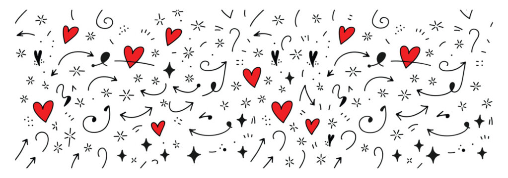 Doodle pattern of red hearts black arrows and asterisk shapes on a white background