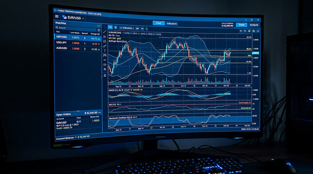 Financial chart on computer screen with glowing lines and data during nighttime