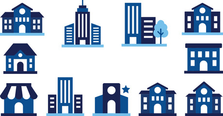 Obraz premium City Buildings and Real Estate Flat Icon Set with Skyscraper Office Towers School Shop and Government Architecture Symbols for Maps and Apps