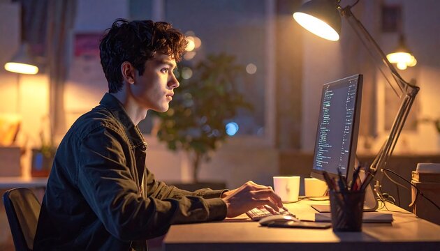Young man codes at night, illuminated by desk lamps, gazing intently at his monitors in a cozy workspace
