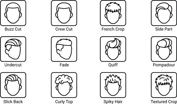 Men Hairstyle and Haircut Guide Line Icon Set with Buzz Cut Undercut Pompadour Fade and Quiff Symbols for Barbershops and Salons