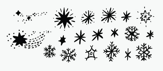 Winter snowflake clipart set with hand drawn doodle snowflakes and stars in outline style. Perfect for Christmas crafts, stickers, scrapbooking, invitations, coloring pages and holiday DIY projects. © cocozelle