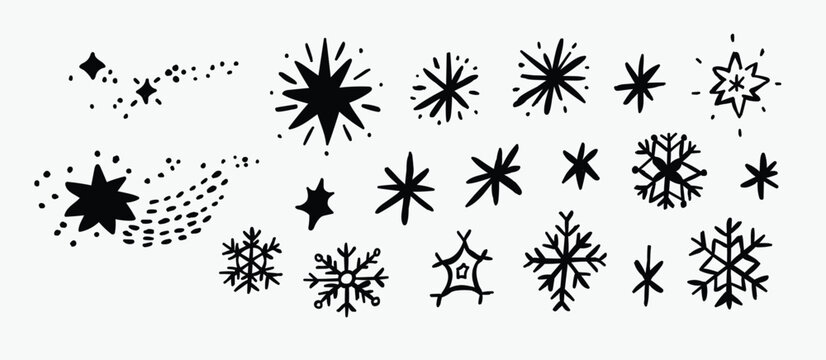 Winter snowflake clipart set with hand drawn doodle snowflakes and stars in outline style. Perfect for Christmas crafts, stickers, scrapbooking, invitations, coloring pages and holiday DIY projects.