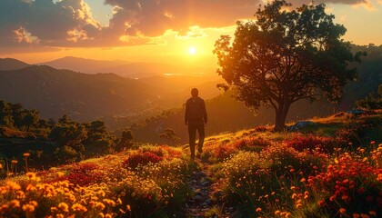Fototapeta premium Hiker standing on a scenic mountain path through a wildflower meadow during a beautiful golden sunset