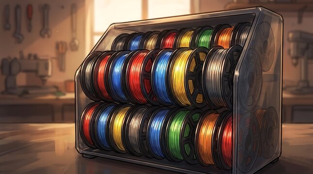 Colorful 3d printer filament spools organized on a rack in a workshop