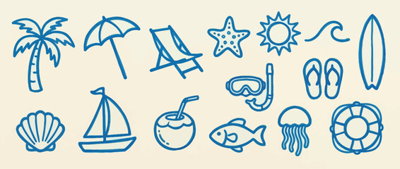 Fototapeta premium Hand drawn summer beach icons set, blue doodle vacation elements vector collection, tropical holiday travel symbols with palm tree and surfboard, nautical ocean life line art graphics