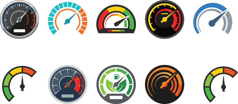 Speedometer and Performance Gauge Icon Set with Dashboard Odometers Accelerometer Dial Indicators and Eco Fuel Metrics for Automotive and Tech Interfaces