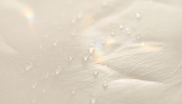 Water drops with beautiful rainbow flare on cream paper 水滴と虹色の光が輝くクリーム色紙の背景素材