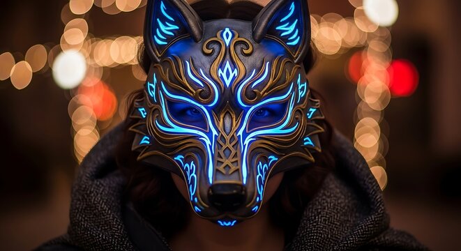 Person wearing glowing ornate blue wolf mask with bokeh lights