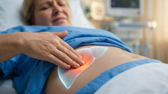 Woman Holding Painful Liver Area with Holographic Liver Anatomy Overlay Showing Liver Disease and Inflammation