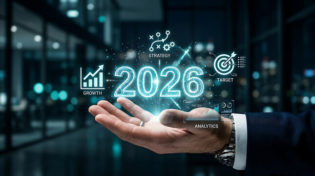 Hand holding glowing 2026 analytics growth strategy goals with futuristic icons in a modern setting