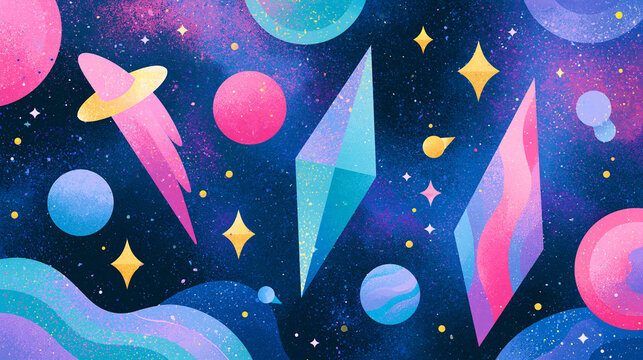 Colorful cosmic scene featuring vibrant planets and sparkling stars.