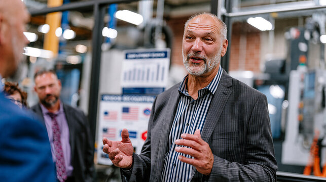 manufacturing reshoring movement facility manager leads a plant tour for local government officials, newly installed CNC machining centers visible behind a glass partition, employment statistics pos