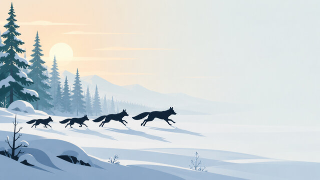 A group of animals running through a snowy landscape