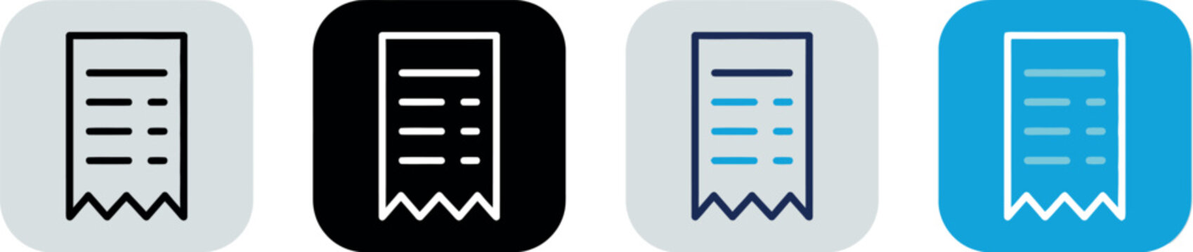 Minimalist receipt icon set in vector format, professional billing and invoice symbols for financial apps, paper check and transaction slip graphics in black and blue line styles