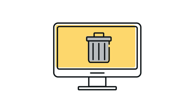 Desktop computer trash can icon: PC workstation displaying recycle bin and file delete symbol on screen, modern offset color line art vector illustration.