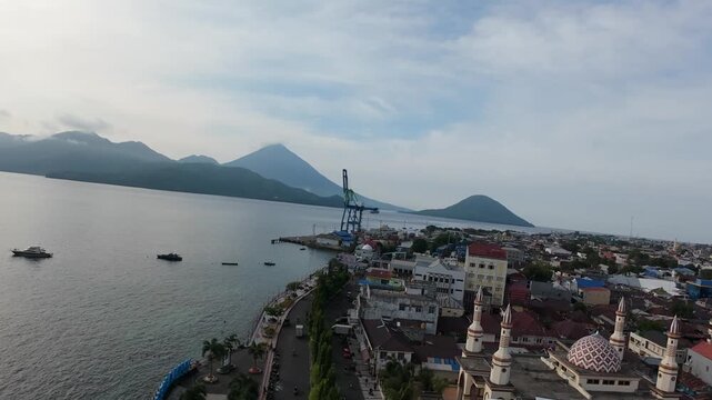 flying fpv drone on ternate landmark