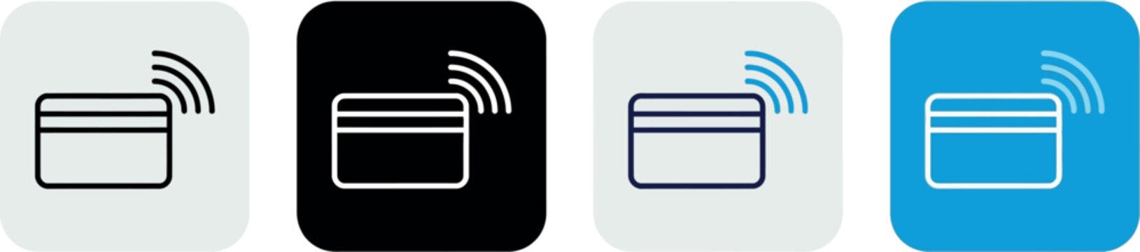 Contactless payment icon set with credit card and wireless signal symbols, 4 vector elements for banking and finance apps, digital wallet and nfc technology graphics in blue and black