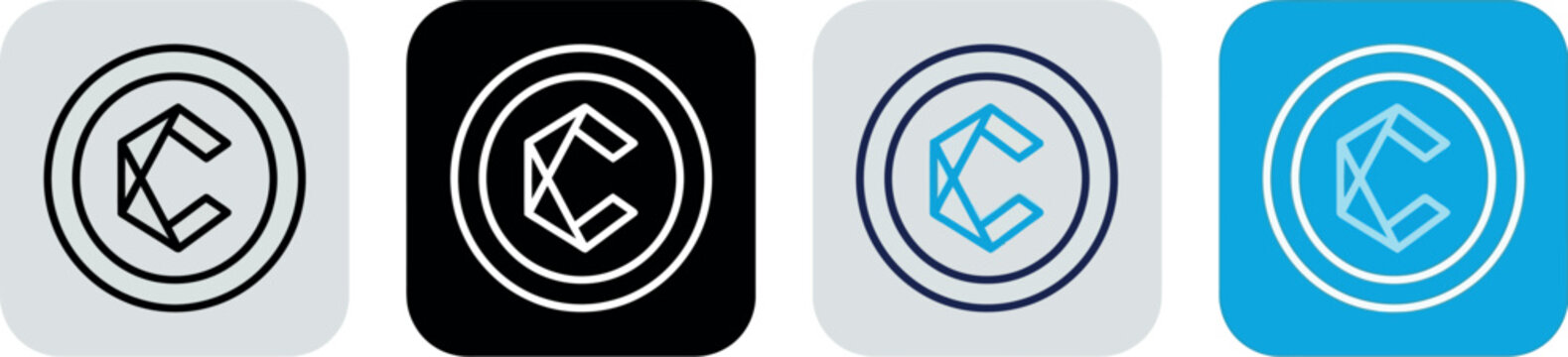 Cryptocurrency coin logo set with letter C, digital currency icons in line art style. Blockchain technology symbols for fintech apps. Modern crypto token vector graphics in four colors.
