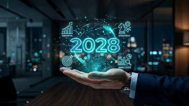 Hand presenting glowing 2028 year with business icons during digital strategy planning