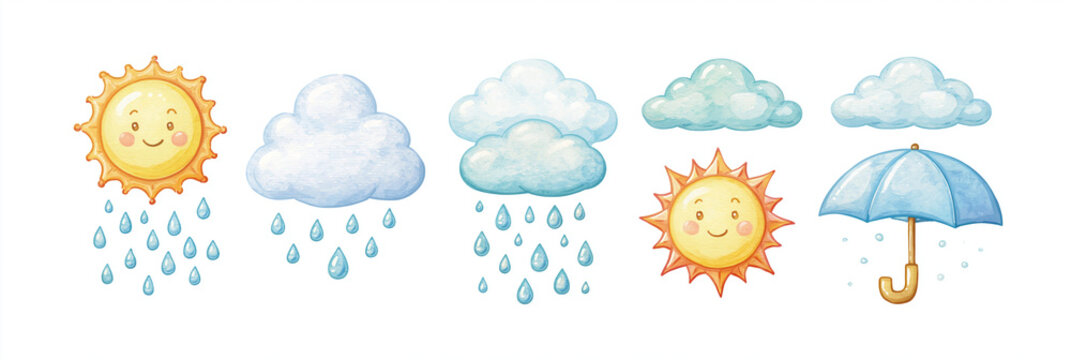 Colorful weather illustration with sun, clouds, and rain, ideal for kids' designs.
