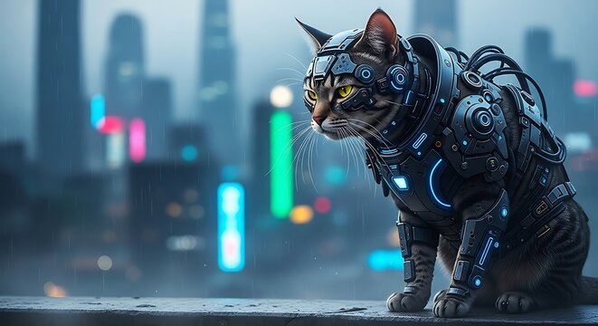 Robotic cat in futuristic armor on rainy city rooftop at night