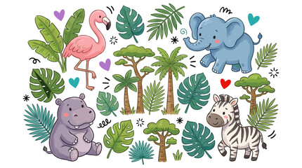 Colorful jungle animals illustration. Tropical wildlife scene with cartoon flamingo, elephant, zebra, and rhino. Whimsical safari art with hearts a... © FatemaStock