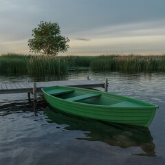Obraz premium Green boat on a serene lake. Small wooden vessel moored at a dock. Peaceful water scene