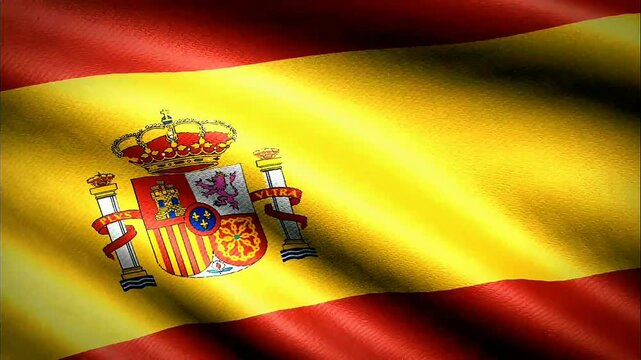 A vibrant, flowing banner displays bold red and yellow horizontal stripes. An ornate emblem, with a crown and shields, proudly adorns the central yellow band.