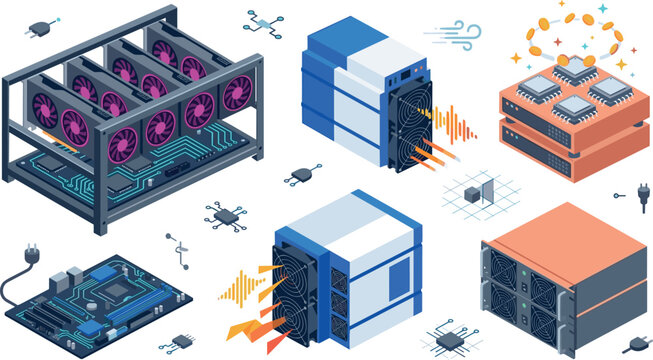 Isometric Cryptocurrency Mining Rig Vector Set with GPU Graphics Cards ASIC Hardware Servers Motherboards and Spinning Coins for Blockchain Tech Concepts