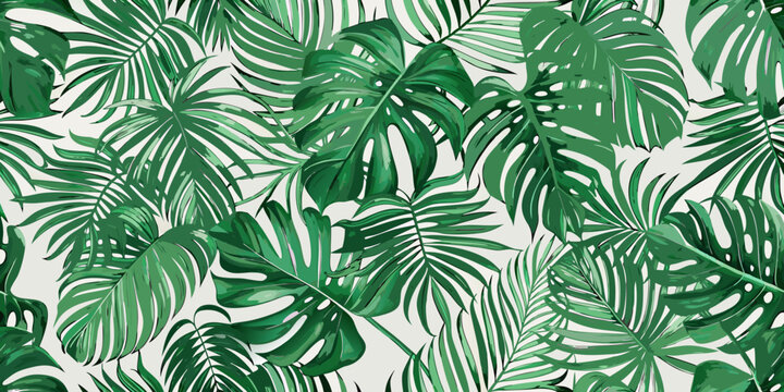 vibrant seamless pattern of green monstera leaves on white background tropical botanical nature leaf plant flora design illustration vector graphic