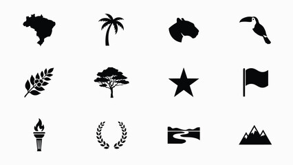 Elegant black and white symbolic icons set featuring geography nature culture with high contrast graphic style against neutral background versatile design use © Soma