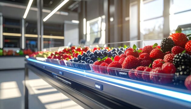 Fresh Berries on Grocery Store Shelf.