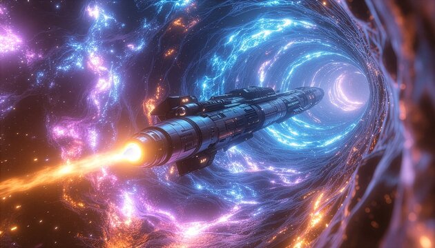 Advanced Starship Entering a Glowing Wormhole for Interstellar Space Travel