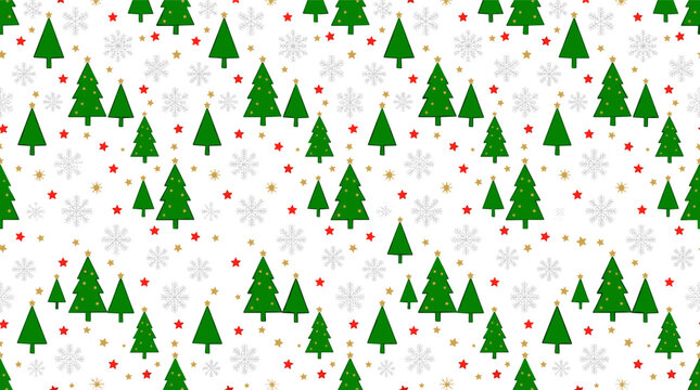 Christmas tree pattern with colorful ornaments. Festive holiday background with green trees. Winter seasonal design
