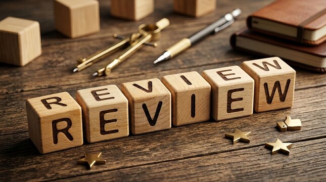 Review word spelled with wooden alphabet blocks on a dark rustic wooden table with golden stars and office supplies