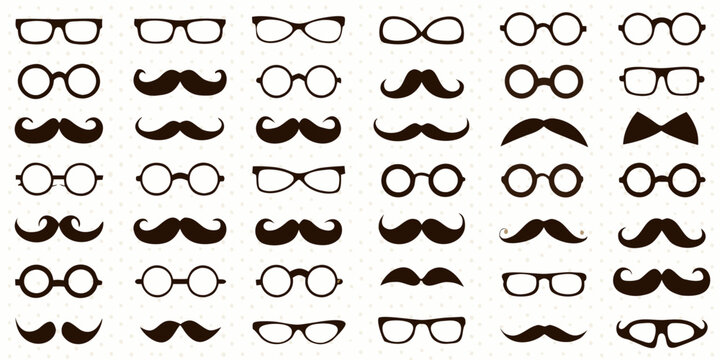 hipster mustaches and glasses vintage vector collection facial hair spectacles retro illustration graphic design pattern brown beige background fashion accessories