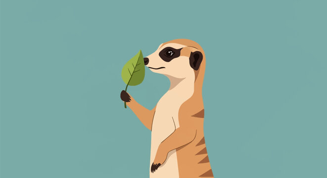 Minimalist vector illustration of a meerkat standing on its hind legs while holding a single green leaf. The suricate has brown stripes and is set against a teal background.