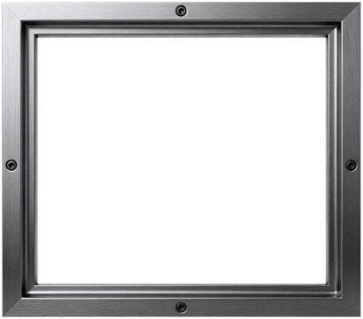 A gunmetal gray floating picture frame with premium industrial design, realistic metallic finish