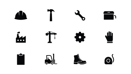 Fototapeta premium Minimalist black silhouette icons of construction and industrial safety equipment set with evoking professionalism organization workspace setting