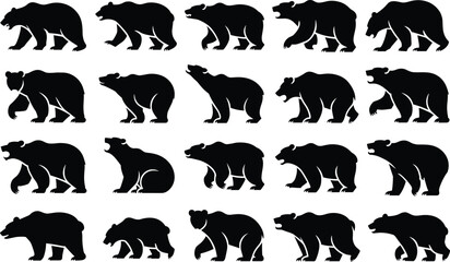 Obraz premium Collection of black bear silhouettes in various poses isolated on white background