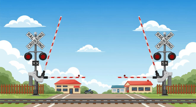 Vector illustration of a railroad level crossing featuring raised safety gates with red and white stripes, crossbuck signs, warning lights, train tracks, a road, houses, and a blue sky.