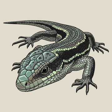 Vector illustration of a jewelled lizard Timon lepidus, showing intricate green and black scale patterns. Ocellated lizard graphic in three-quarter view on a plain neutral background.