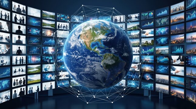 Global network data connectivity world map, earth globe surrounded by video wall screens, digital technology communication internet concept, big data visualization