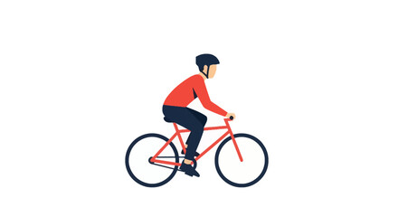Obraz premium Flat vector illustration of a male cyclist riding a red road bike, wearing a black safety helmet and red long-sleeve shirt, isolated on white background for graphic design use.