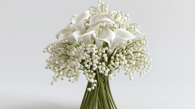 Trendy 2026 aesthetic: minimalist all-white sculptural wedding bouquet featuring calla lilies and lily of the valley, isolated on white background. Generative AI